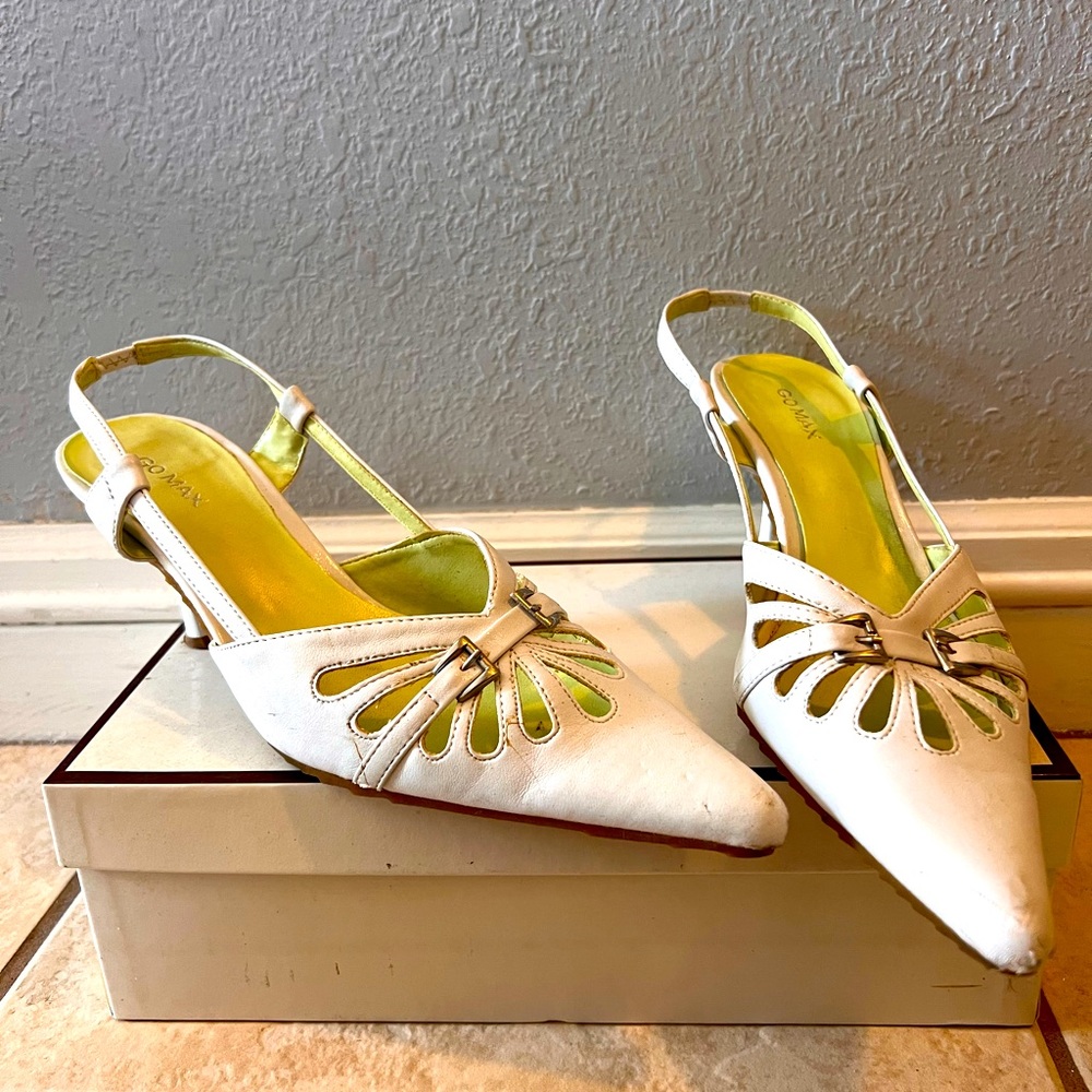 White kitten heel strap back pointy toe heel